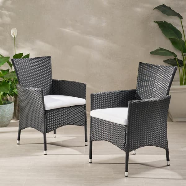 Noble House Malta Black Removable Cushions Faux Rattan Outdoor Dining Chair with White Cushion (2-Pack)