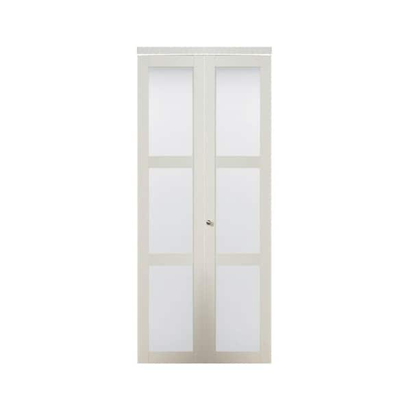 TRUporte 24 in. x 80.50 in. 3080 Series 3-Lite Tempered Frosted Glass Off White Composite Interior Closet Bi-Fold Door