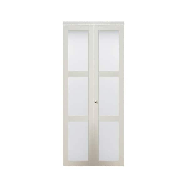 30 in. x 80.50 in. 3080 Series 3-Lite Tempered Frosted Glass Off White Composite Interior Closet Bi-Fold Door