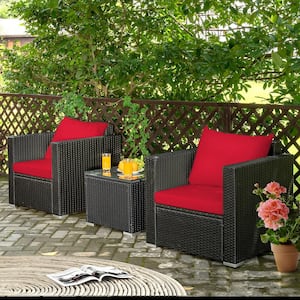 3-Piece Wicker Patio Conversation Seating Set Red Cushion