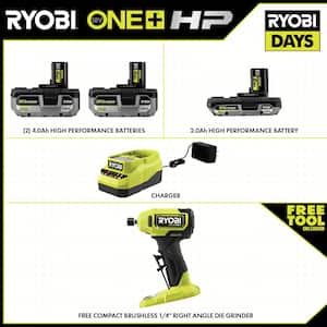 ONE+ HP 18V Brushless Cordless Compact 1/4 in. Right Angle Grinder Kit w/(2)4.0Ah Batteries, (1)2.0Ah Battery, Charger