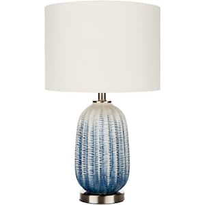 Valmiki 23.75 in. Blue/White Indoor Table Lamp with Off-White Barrel Shaped Shade