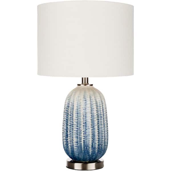 Valmiki 23.75 in. Blue/White Indoor Table Lamp with Off-White Barrel Shaped Shade