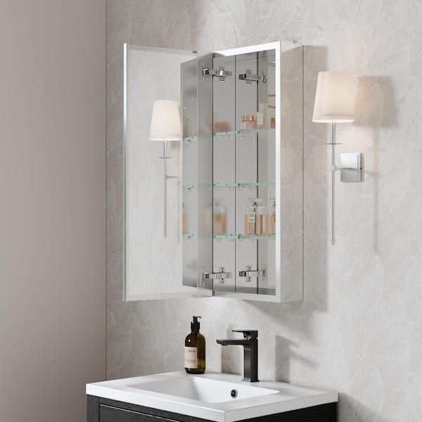 ROSA 12 in. W x 30 in. H Rectangular Aluminum Tri-View Medicine Cabinet with Mirror, Adjustable Shelves, Left Open