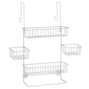 Suction Cup Mounted Bathroom Shower Caddy Over the Door Hanging Rack with Soap Dish and Towel Hooks in. White