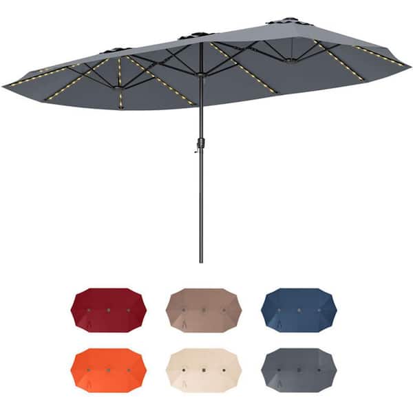 WELLFOR 15.5 ft. Metal Market Patio Umbrella in Gray with 144 LED Lights Solar Extra Large Outdoor Pool Umbrella with Crank