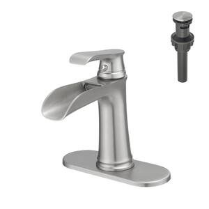 Single Handle Single Hole Bathroom Faucet with Deckplate Included Pop Up Drain and Water Supply Hoses in Brushed Nickel