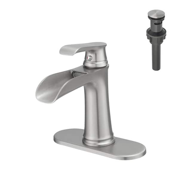 Dimakai Single Handle Single Hole Bathroom Faucet with Deckplate Included Pop Up Drain and Water Supply Hoses in Brushed Nickel