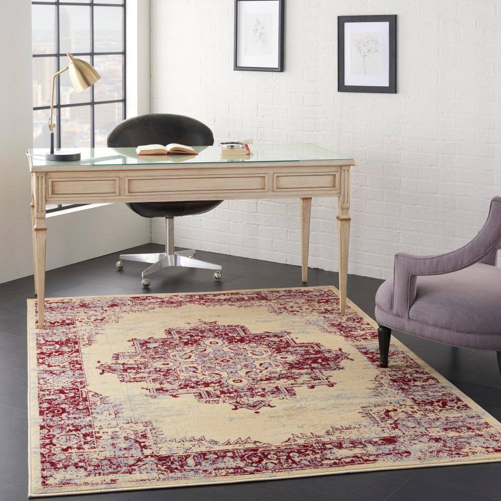 Cream and Red Medallion Synthetic 5' x 7' Area Rug