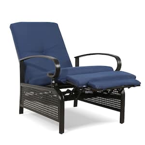 Metal Outdoor Recliner Lounge Chair with Navy Blue Cushion