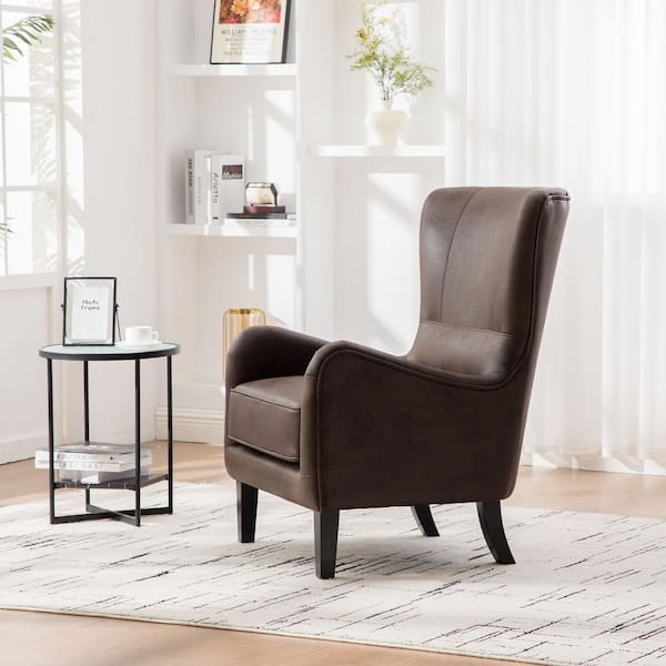 Louis Brown PU Fabric Upholstered Accent Arm Chair with High Back and Solid Wood Legs