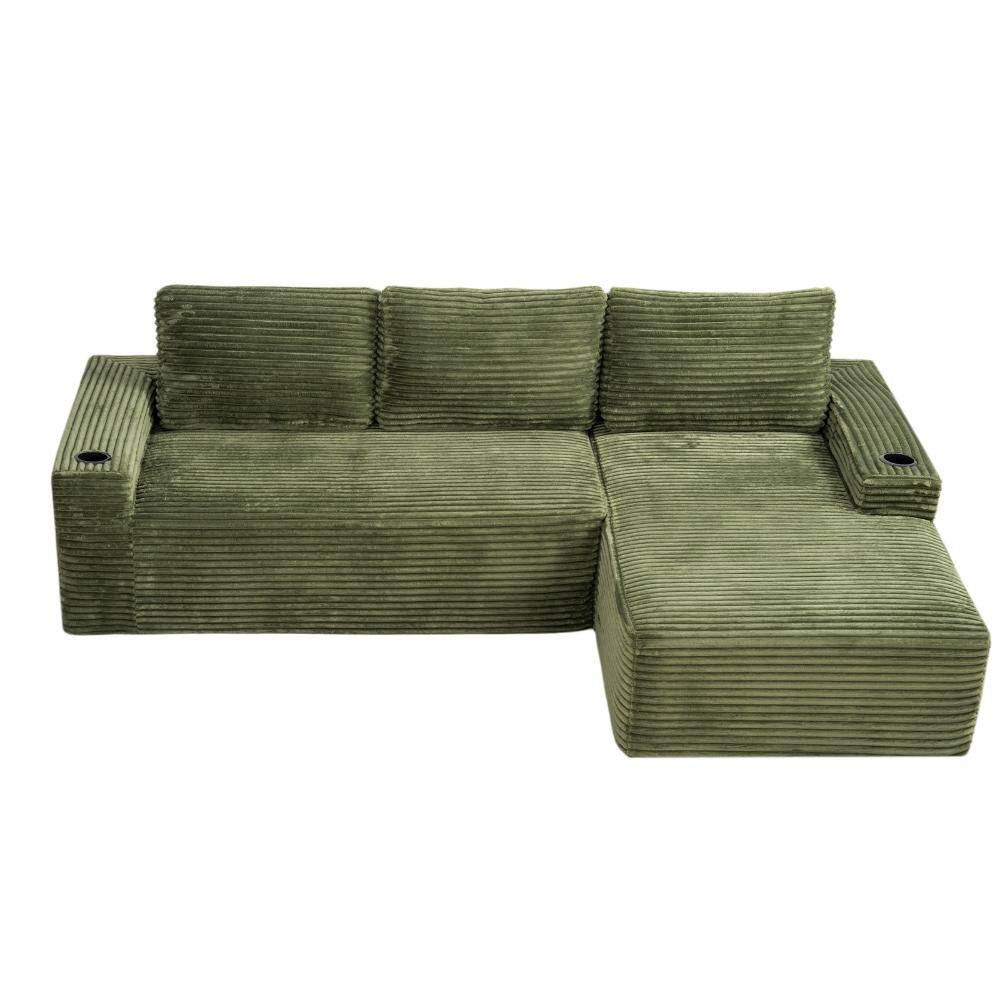 Cloud Modular 104 in. Armless 4-piece Corduroy L-Shape Sectional Sofa with Cup Holders and Storage in Green
