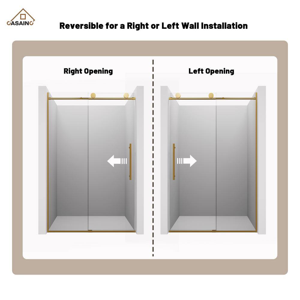 Brushed Gold Frameless Sliding Shower Door with Clear Tempered Glass, 48" x 76"