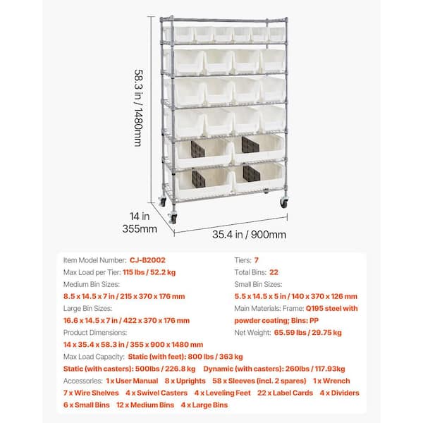 VEVOR 7-Tier Rolling Bin Storage Rack, 22 Organizer Bins, Bin Rack