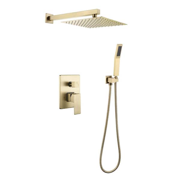 PERLIRIA INC Square Single Handle 10 in. 2-Spray Shower Faucet with Hand Shower, Wall Mount 1.5 GPM with Drip Free in. Brushed Gold