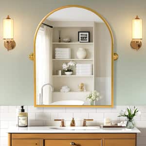 24 in. W x 32 in. H Arched Metal Framed Pivoted Bathroom Wall Vanity Mirror in Gold