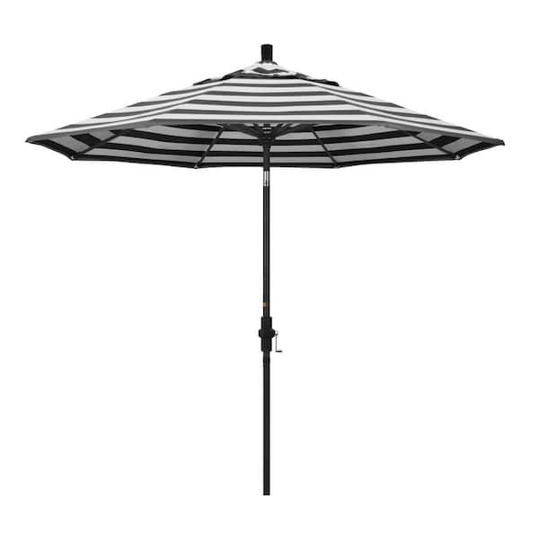 California Umbrella 9 ft. Stone Black Aluminum Collar Tilt Crank Lift Market Patio Umbrella in Cabana Classic Sunbrella