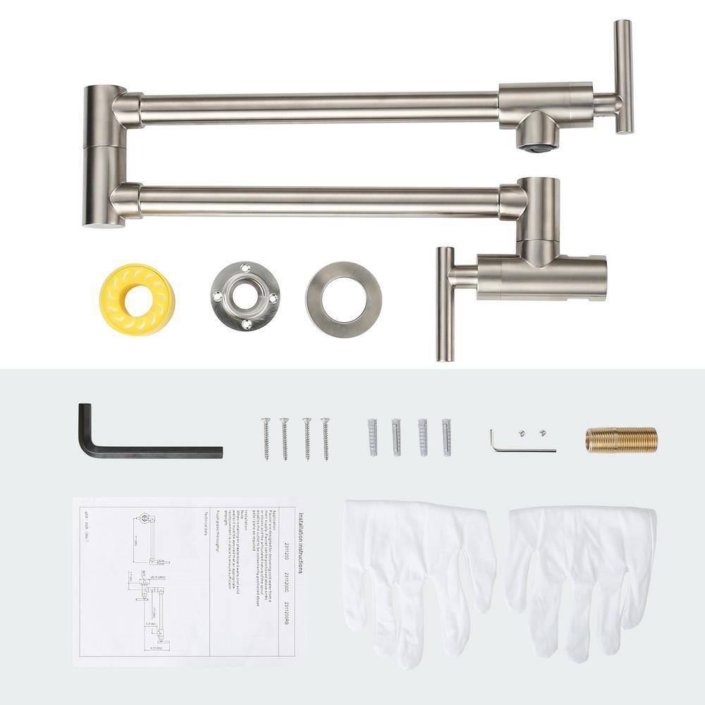 Brushed Nickel Double Handle Wall Mount Pot Filler Faucet
