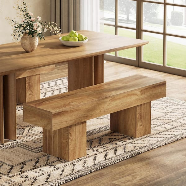 Light Brown Dining Bedroom Bench, 55 in. Farmhouse Wood Entraway Bench for Bedroom End of Bed