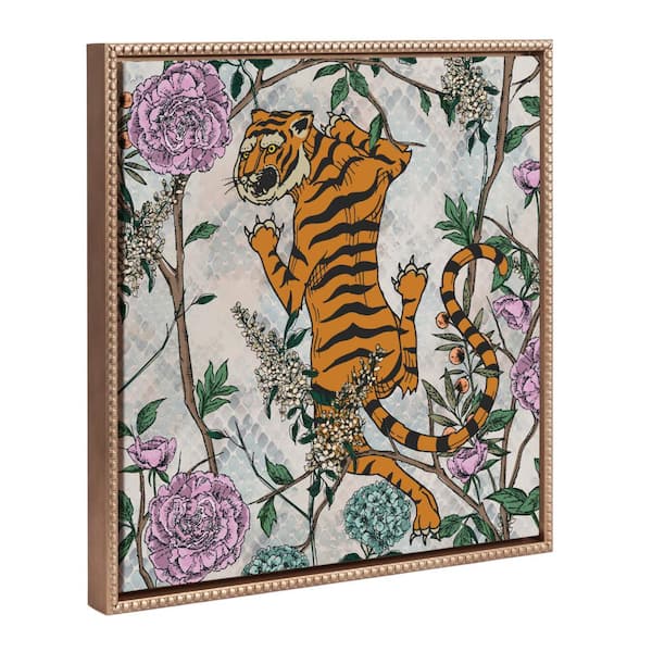 Kate and Laurel Modern Tiger Flower Illustration Wall Art" 1-Piece Gold Framed Canvas Art Print, 22 in. x 22 in.
