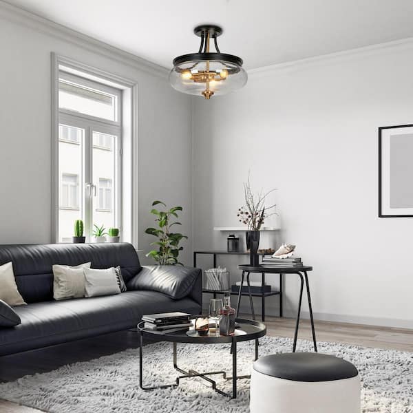Modern Farmhouse Black Semi-Flush Mount Light, 3-Light Gold Kitchen Ceiling Lights with Bowl Seeded Glass for Bedroom