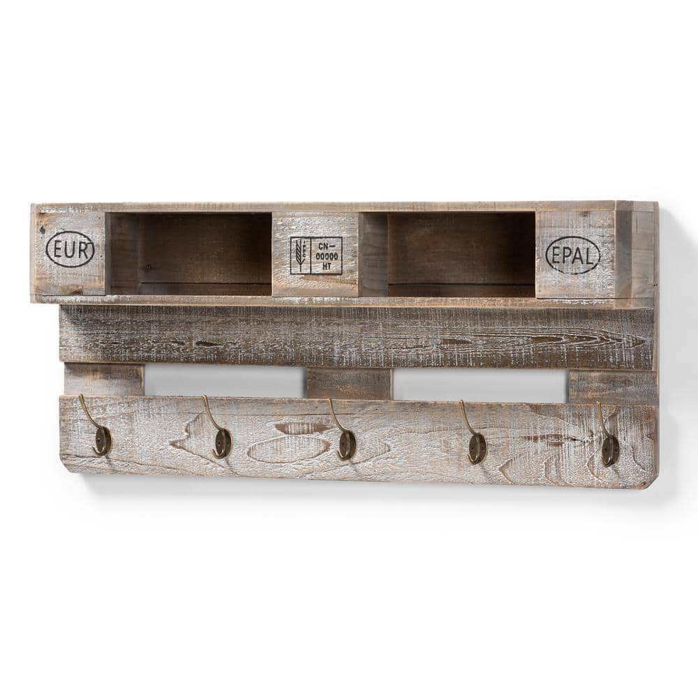 Rustic Whitewashed Oak Wall Mounted Coat Rack with Shelves
