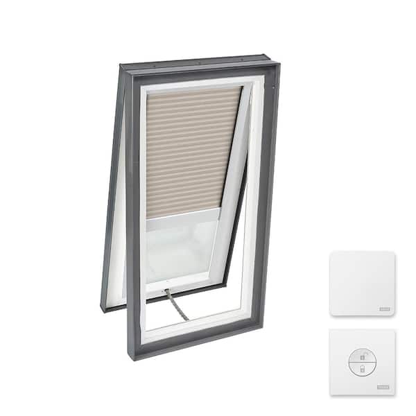 VELUX 22-1/2 x 34-1/2 in. Venting Curb Mount Skylight, Tempered LowE3 Glass, Classic Sand Solar Powered Light Filtering Blind