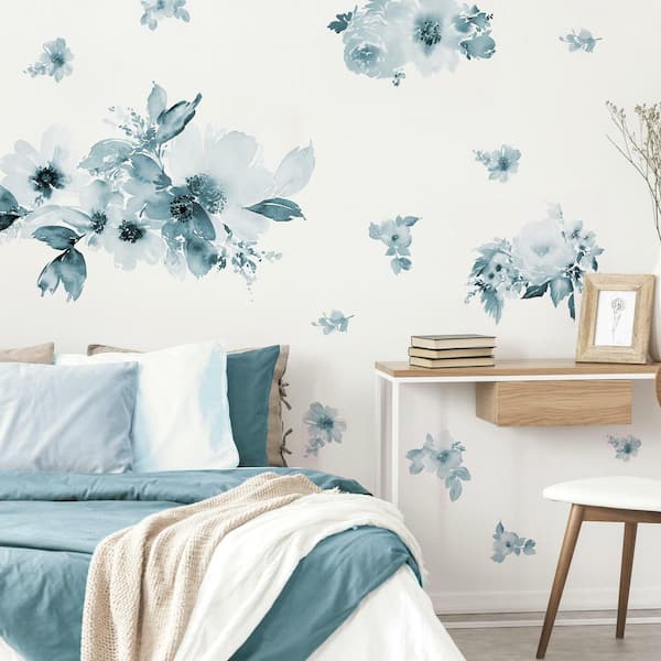 RoomMates Watercolor Floral Peel and Stick Giant Wall Decals Blue