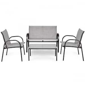 Gray 4-Piece Metal Furniture Patio Conversation Set with Glass Top Coffee Table