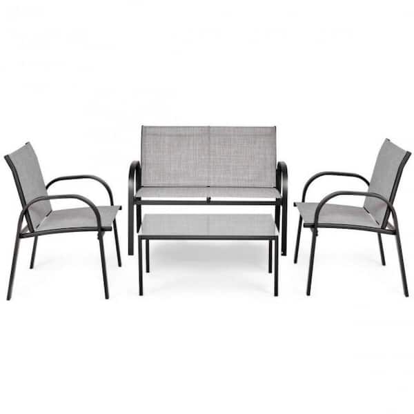 Alpulon Gray 4-Piece Metal Furniture Patio Conversation Set with Glass Top Coffee Table