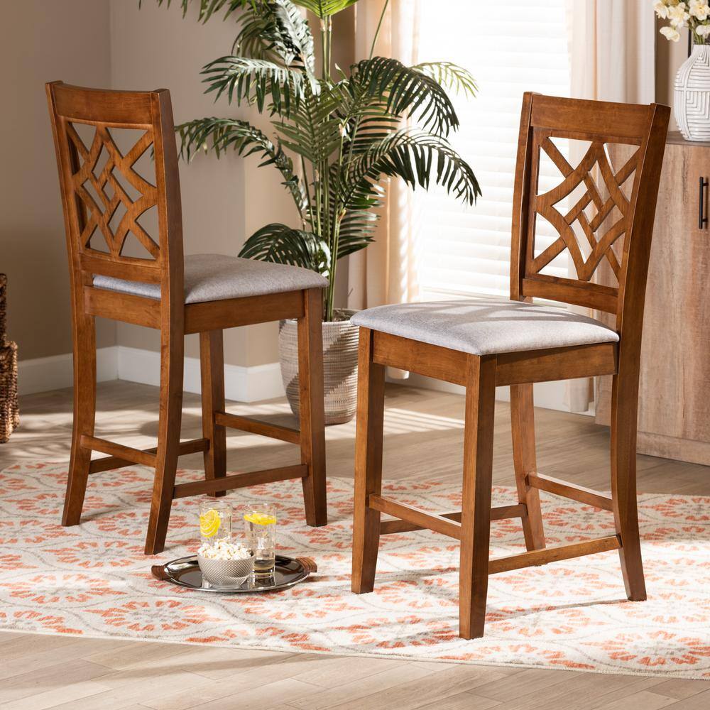 Nicolette Grey Fabric and Walnut Wood Counter Stools, Set of 2