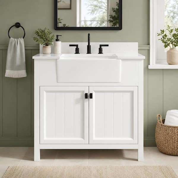 Richfield 37 in. Single Sink Freestanding White Bath Vanity with White Engineered Stone Top and Backsplash Assembled