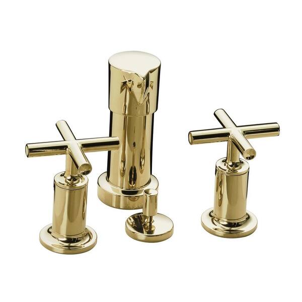 KOHLER Purist 2-Handle Bidet Faucet in Vibrant French Gold with Vertical Spray and Cross Handles