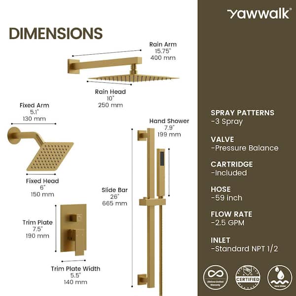YAWWALK 3-Spray 10 and 6 in. Wall Mount Dual Shower Heads and