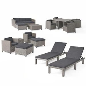 17-Piece Plastic Patio Conversation, Sectional, Lounge and Dining Set with Dark Gray Cushions
