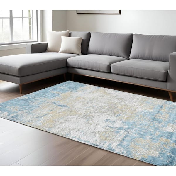8 ft. x 10 ft. Gold Sky Blue And Ivory Abstract Area Rug