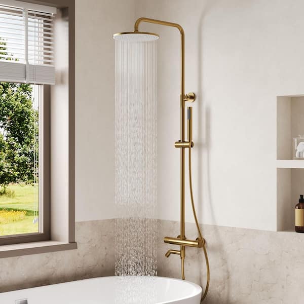 3-Spray Round Wall Mount Wall Bar Shower Kit with Tub Spout, Adjustable Height 2.5 GPM in Brushed Gold Valve Included