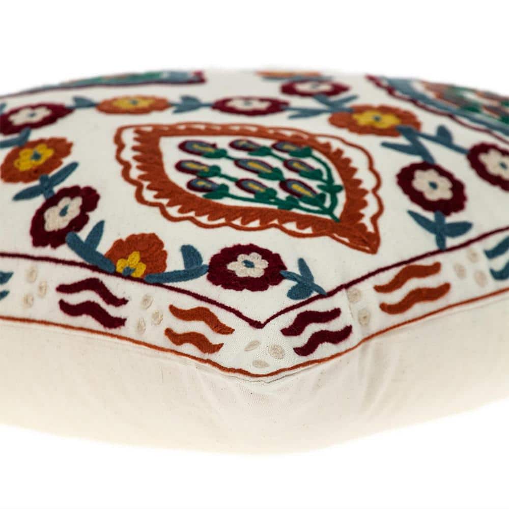 Florina Beige and Multicolor Cotton Embroidered Square Pillow