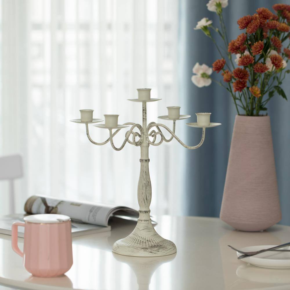 Vintage Distressed 5-Arm Metal Candelabra in Antique Finish
