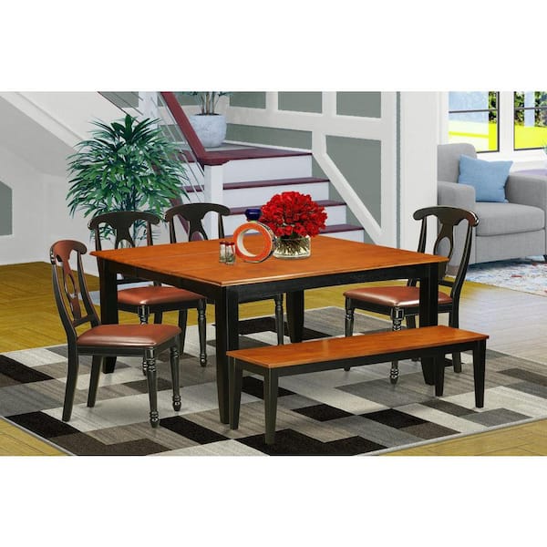 East West Furniture 6-Piece Square Black & Cherry Finish Solid Wood Top dining Table with 1-Bench and 4-Chairs with Lattice Back