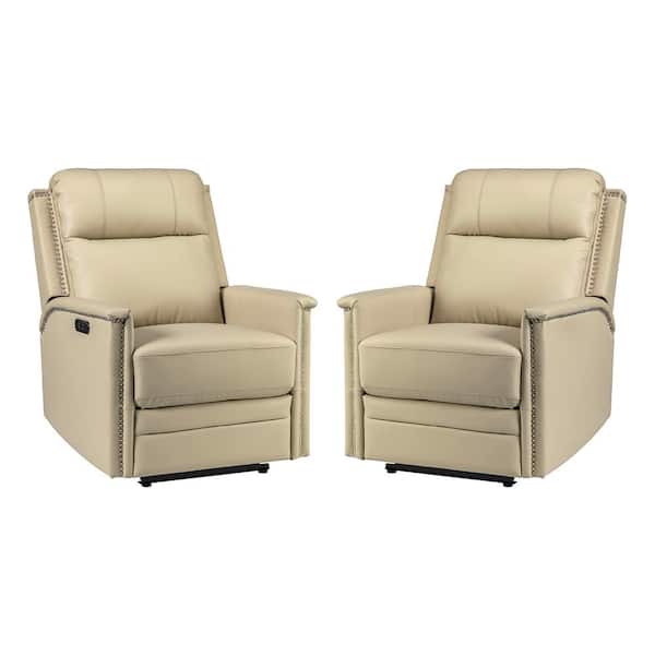 JAYDEN CREATION Valentino Transitional Beige Electric Genuine Leather Recliner with USB Port and Resume Button (Set of 2)