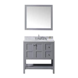 Winterfell 36 in. W Bath Vanity in Gray with Marble Vanity Top in White with Round Basin and Mirror