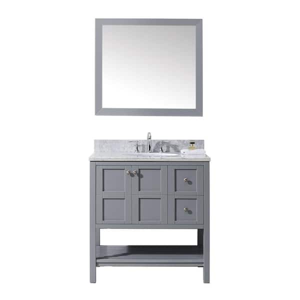 Virtu USA Winterfell 36 in. W Bath Vanity in Gray with Marble Vanity Top in White with Round Basin and Mirror