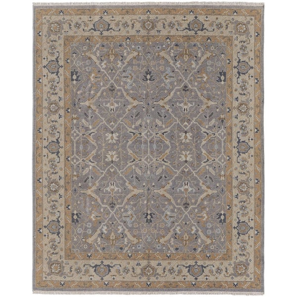 9 ft. x 13 ft. Tan and Gray Wool Oriental Hand Knotted Area Rug With Fringe