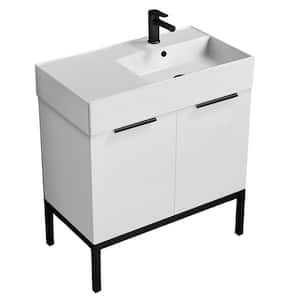 Derin 31.9 in. W x 17.3 in. D x 34.65 in. H Modern Bathroom Vanity in Glossy White With White Ceramic Top