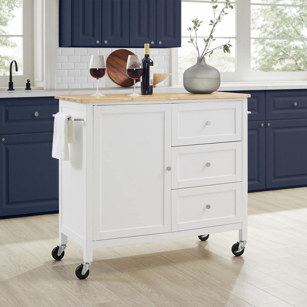 Soren 44" Natural Wood Top Kitchen Island Cart with White Frame