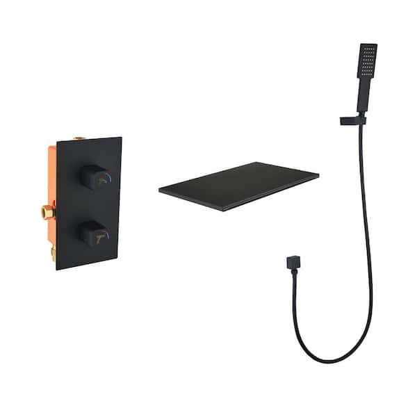 Lukvuzo Wall Mounted 2-Handle Waterfall Spout Freestanding Tub Faucet with Handheld Shower in Matte Black