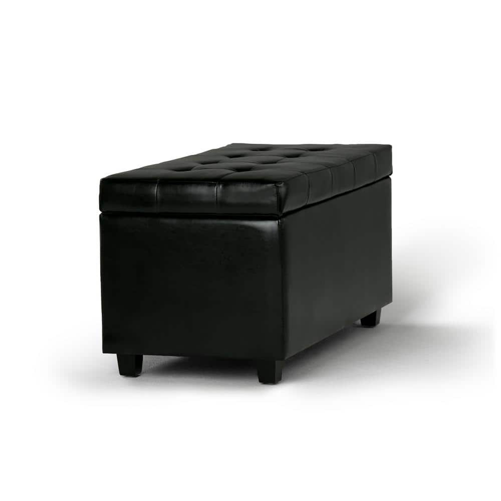 Midnight Black Tufted Faux Leather Rectangular Ottoman
