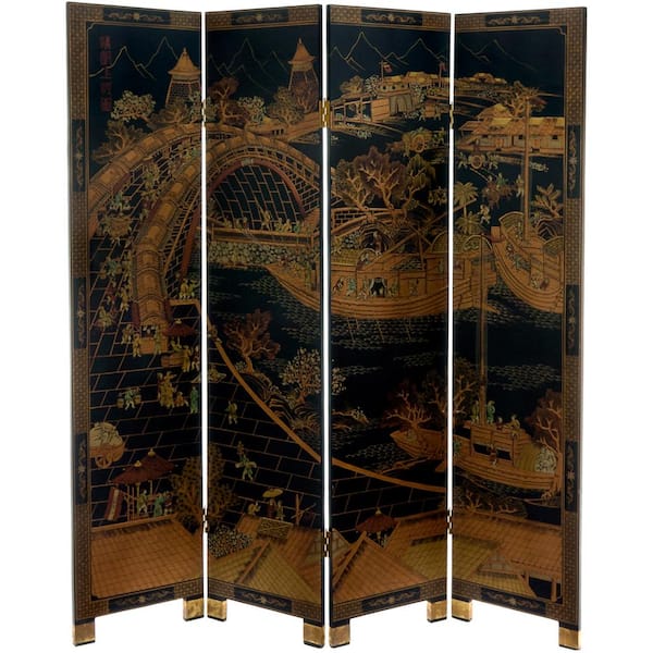 Oriental Furniture 6 ft. Black 4-Panel Ching Ming Festival Room Divider