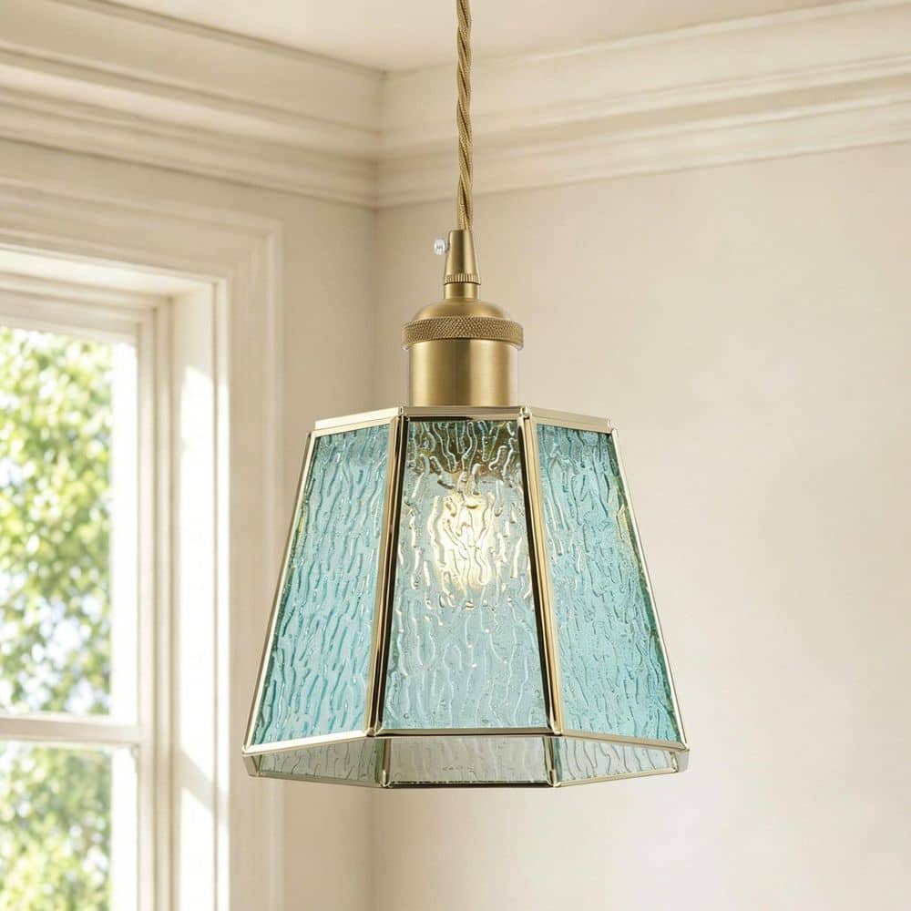 6.89 in. 1-Light Vintage Brushed Brass Pendant Light Kitchen Island Ceiling Hanging Light with Blue Textured Glass Shade price history on PriceWatchPro